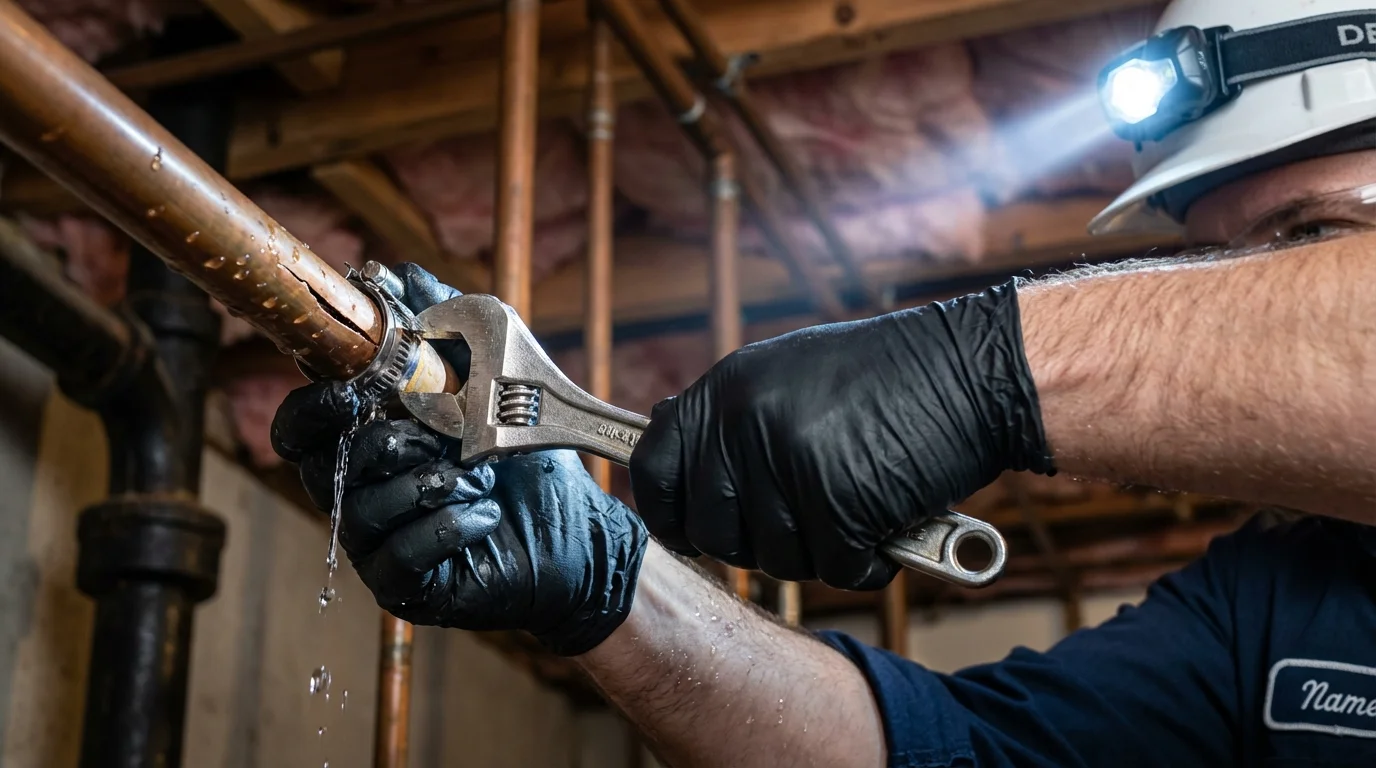 Emergency pipe clamp repair being performed by a Johns Plumbing LLC plumber in Marlinton