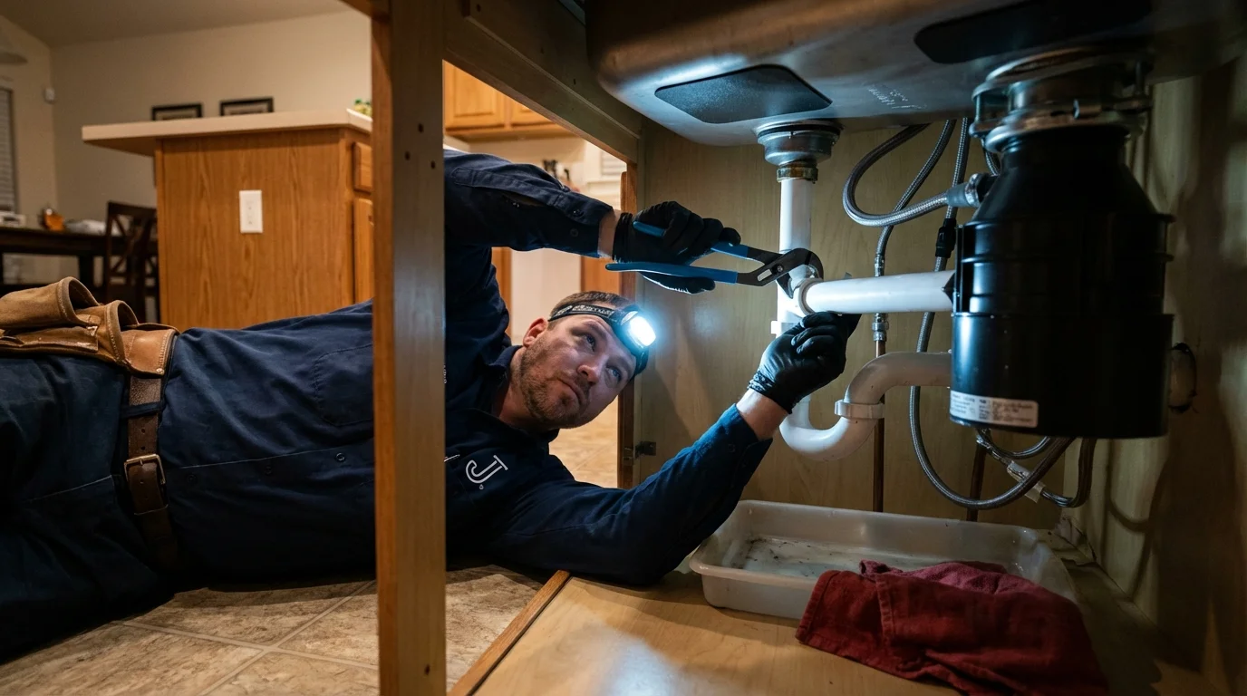 P-trap and supply line connections under a kitchen sink showing a common leak point in Marlinton, WV